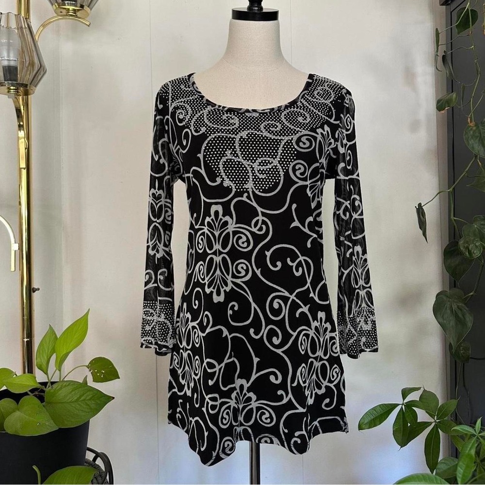 INC International Concepts Black White Mesh Metallic Dot Mini Dress Tunic Medium